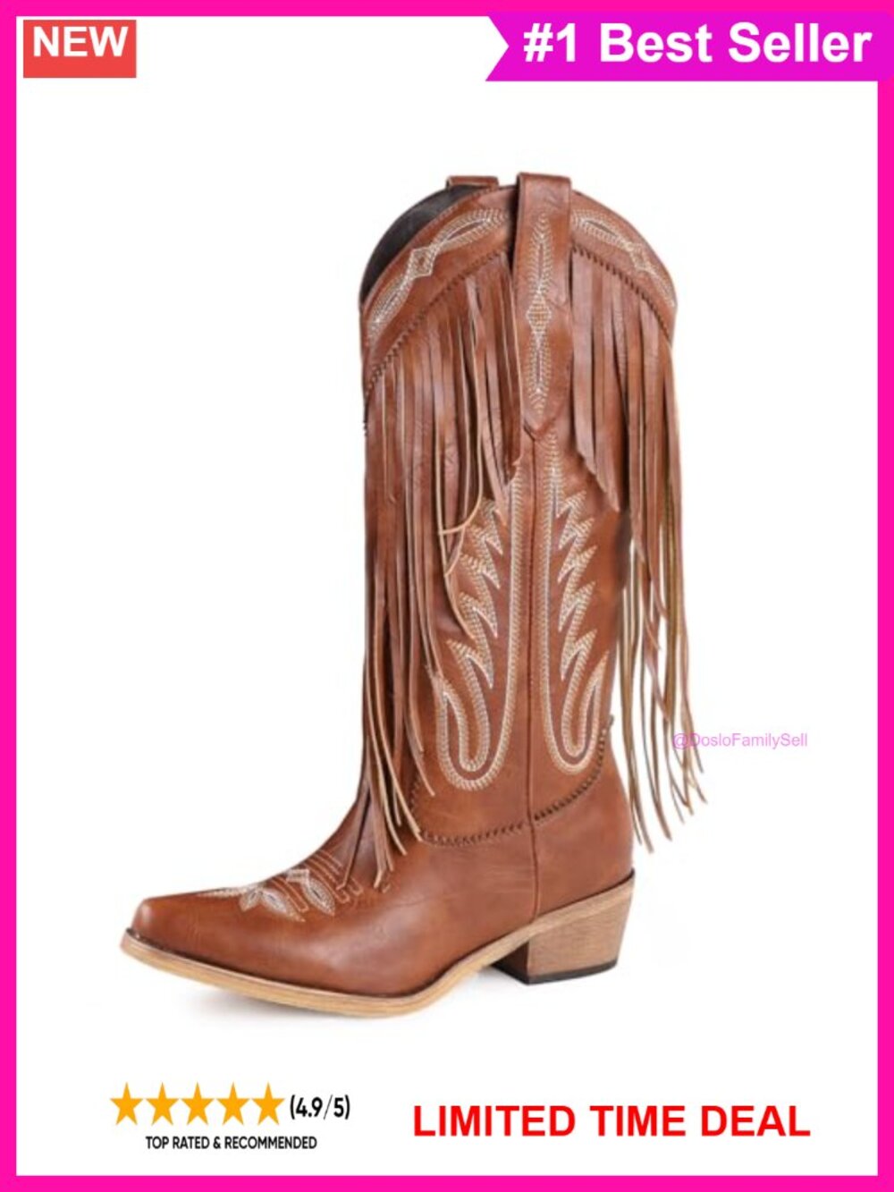 Womens Faux Leather Cowboy Boots Embroidered Fringe Chunky Heel Knee High